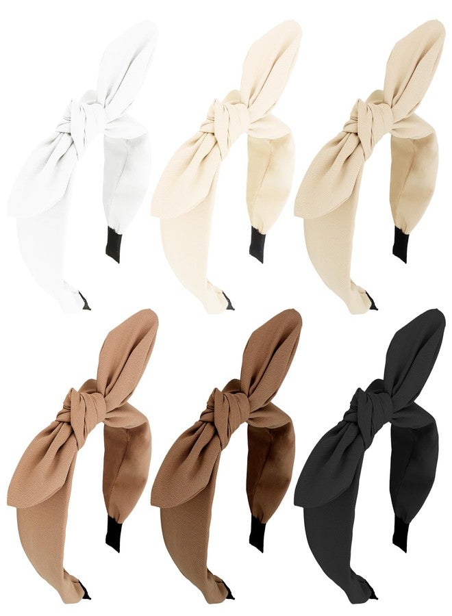 Jaciya 6 Pieces Knotted Bow Headbands for Women Wide Black Headbands for Girls Hair Accessories Knot Headband with Bow(Black/Brown/Khaki/White) - Image 1